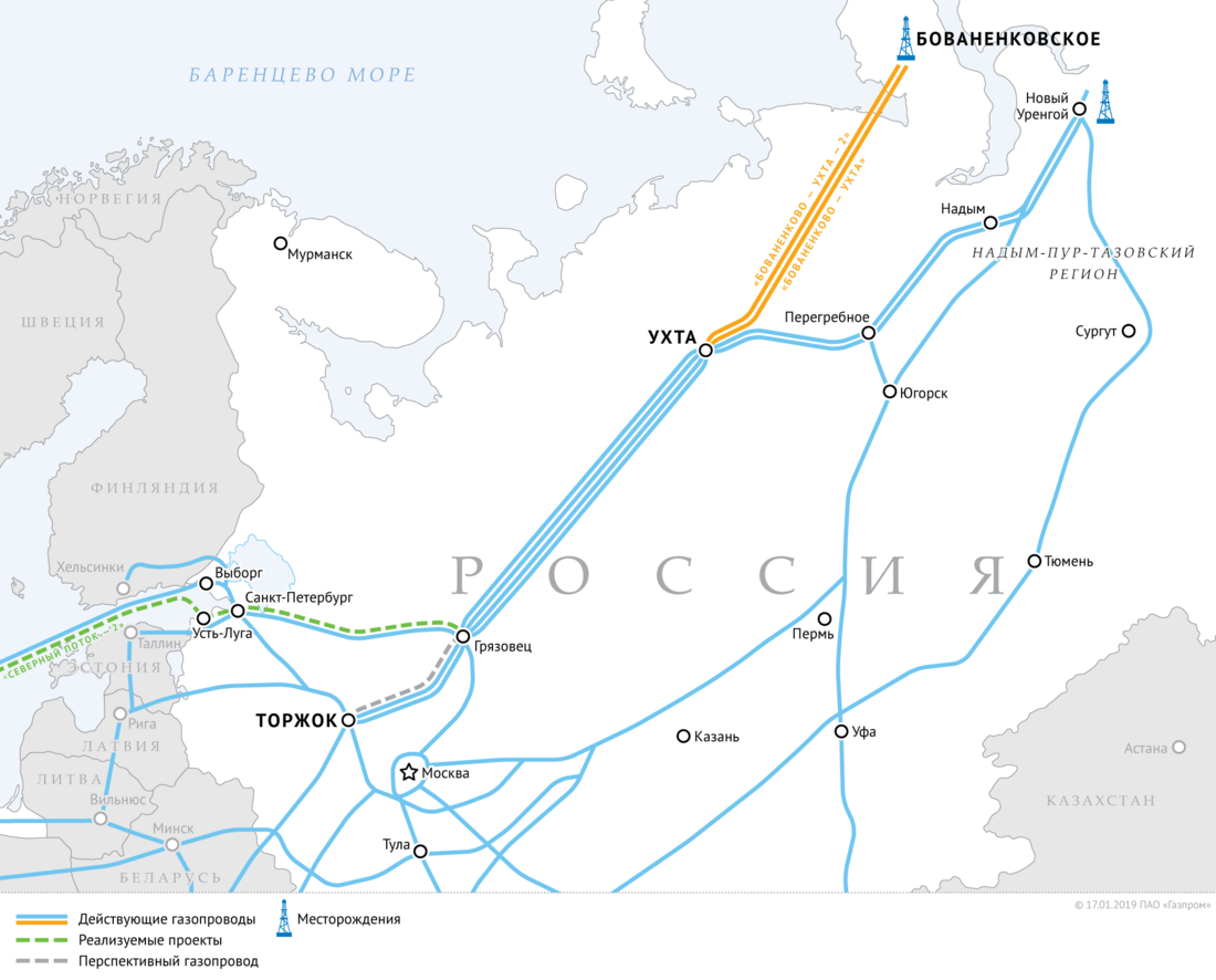 Схема газопроводов «Бованенково — Ухта» и «Бованенково — Ухта — 2»